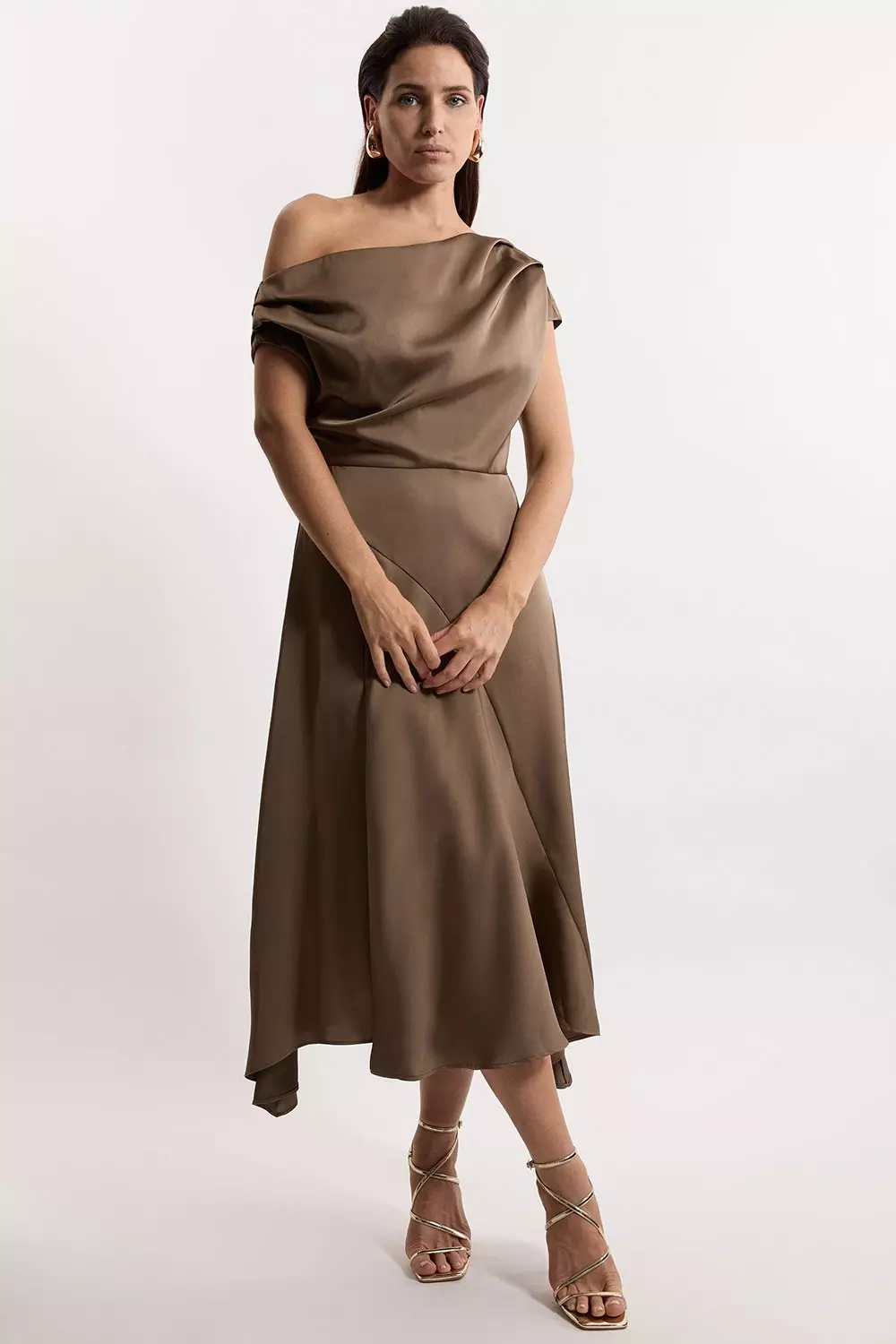 Satin Off The Shoulder Asymmetric Hem Woven Midi Dress